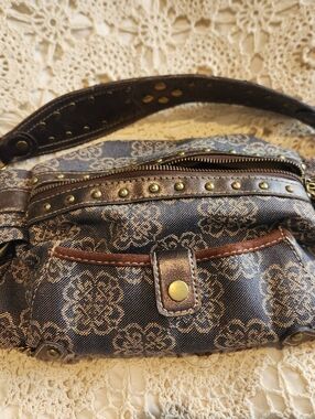 Kathy Van Zeeland Shimmer Medalion Print with Brown Trim and Studs Bag Purse